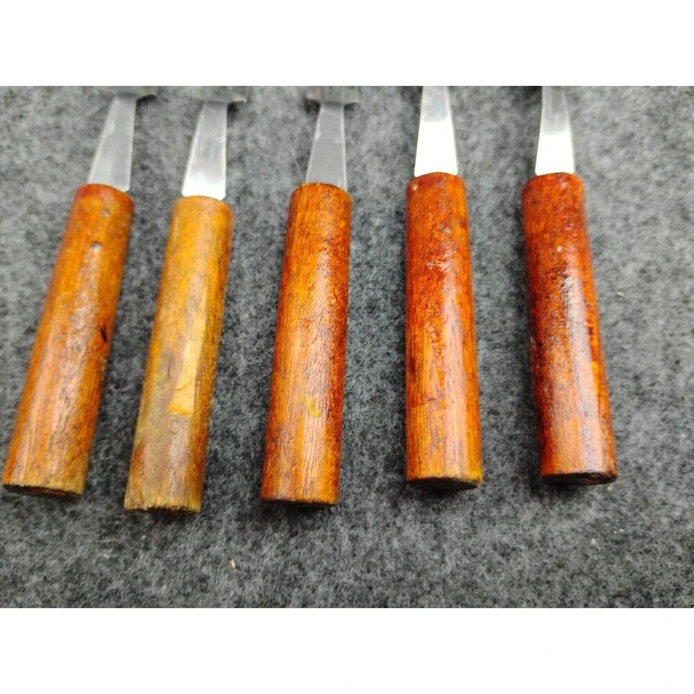 Vintage MCM Appetizer Cocktail Mini Forks Set Of 5 Wood Handle